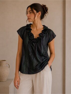 Talbots Ruffled 100% Silk V-Neck Short Sleeve Top in Black & Green Top Size 16